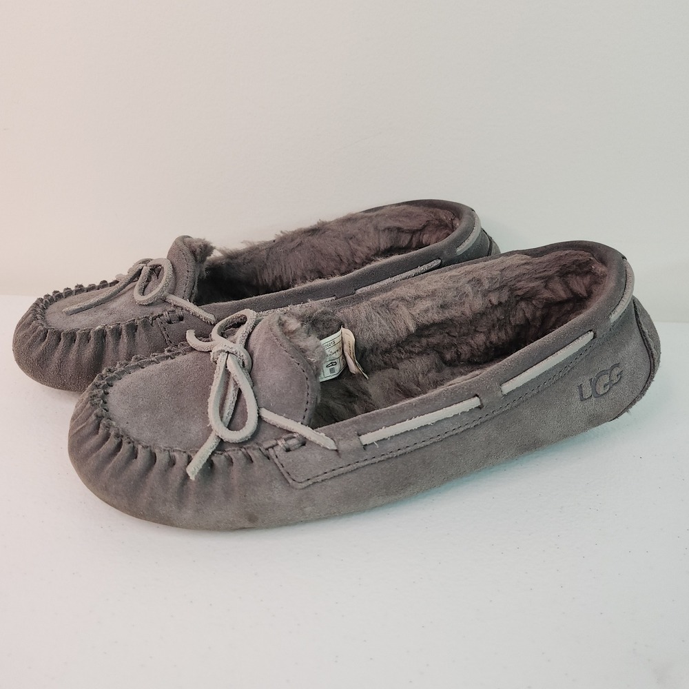 UGG Bella II Grey Suede Sheepskin Moccasin Slippers Womens 9 Cozy Soft Girl